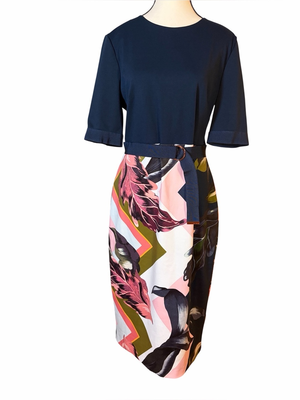 Ted Baker Casiew Eden Color Block Bodycon Dress Navy Floral Midi Size 5 US 10-12